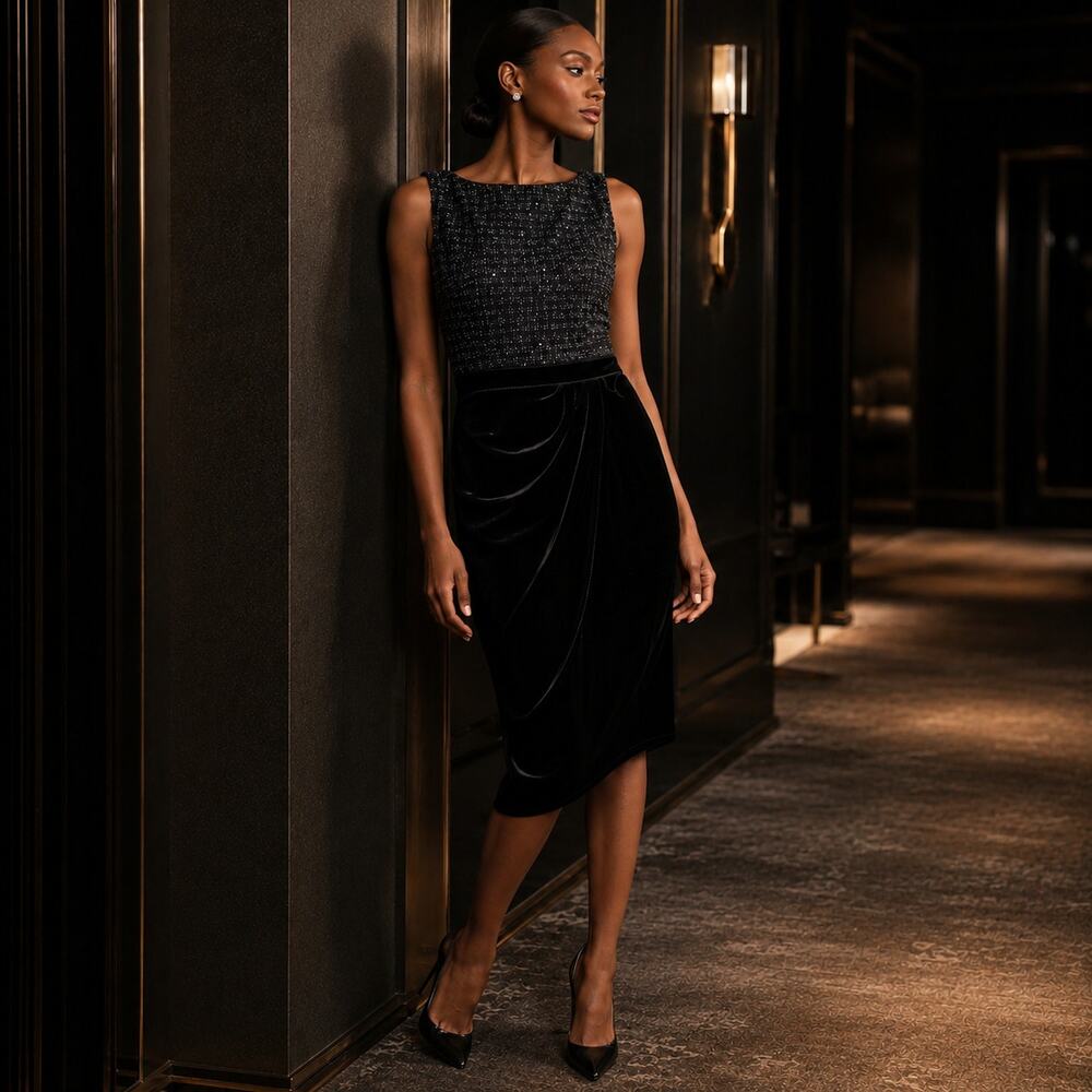 St. John Collection Sequin Tweed Velvet Sheath Dress 12 NWT